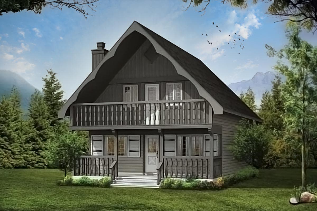 House plan exterior of a two-story A-frame cabin with a prominent gable roof, second-story balcony, and wrap-around porch.