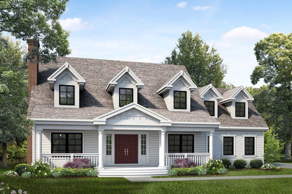 House plan exterior: Two-story home with prominent front gable, covered porch supported by columns, and multiple dormer windows.