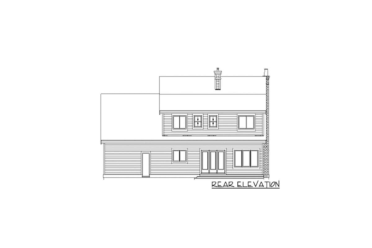 Rear elevation drawing of a two-story house with a central chimney, multiple windows, and a door.