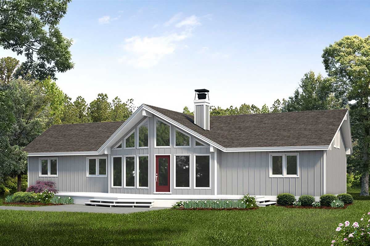House plan exterior. Single-story contemporary home with large picture windows, a gabled roof, and a chimney. Features a deck and a red front door.