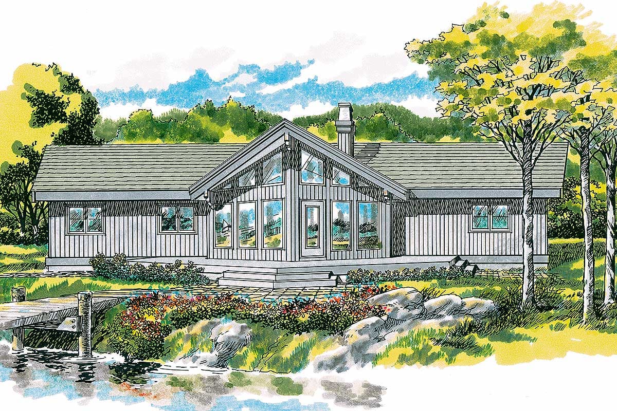 House plan exterior: Single-story home with a prominent gable roofline, large front-facing windows, and horizontal siding.