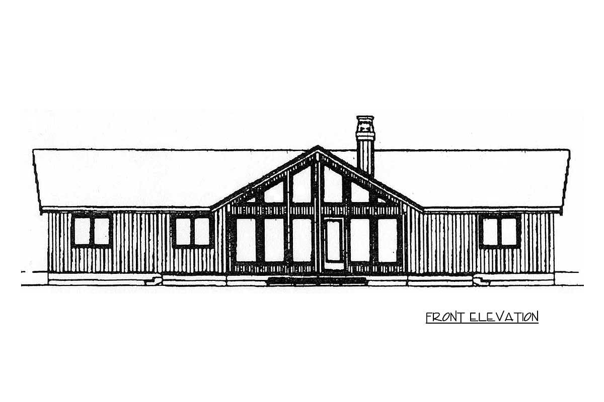 Front elevation drawing of a single-story house with a prominent gable, central door, and multiple windows.