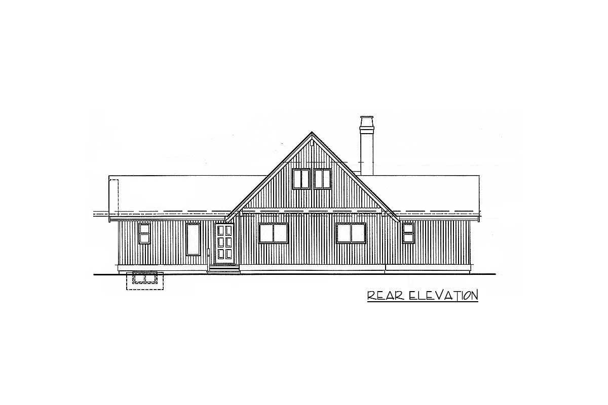 Rear elevation drawing of a house plan featuring a gable roof, central chimney, and numerous windows.