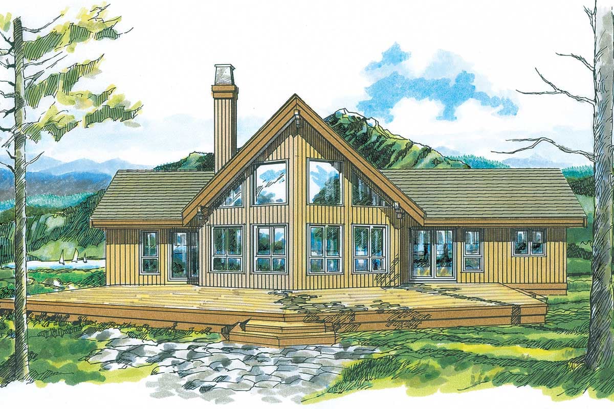 House plan exterior with a prominent gable roof, large A-frame windows, and extensive decking.