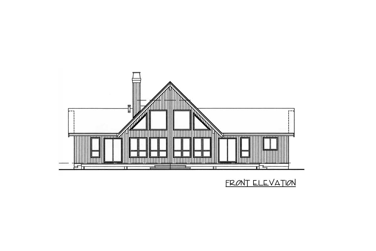 Front elevation drawing of a house plan with a prominent gable, multiple windows, and a chimney.