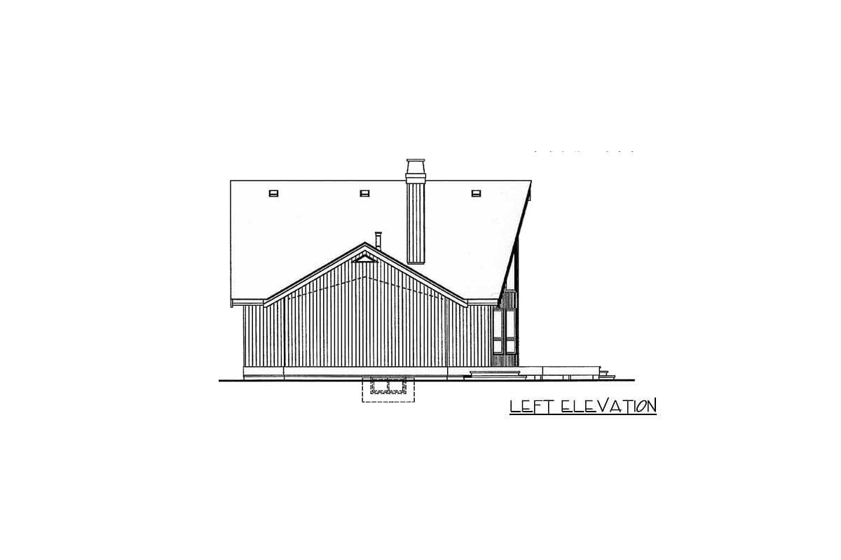 Left elevation drawing of a house plan, showing a tall gable roof, prominent chimney, and large windows.