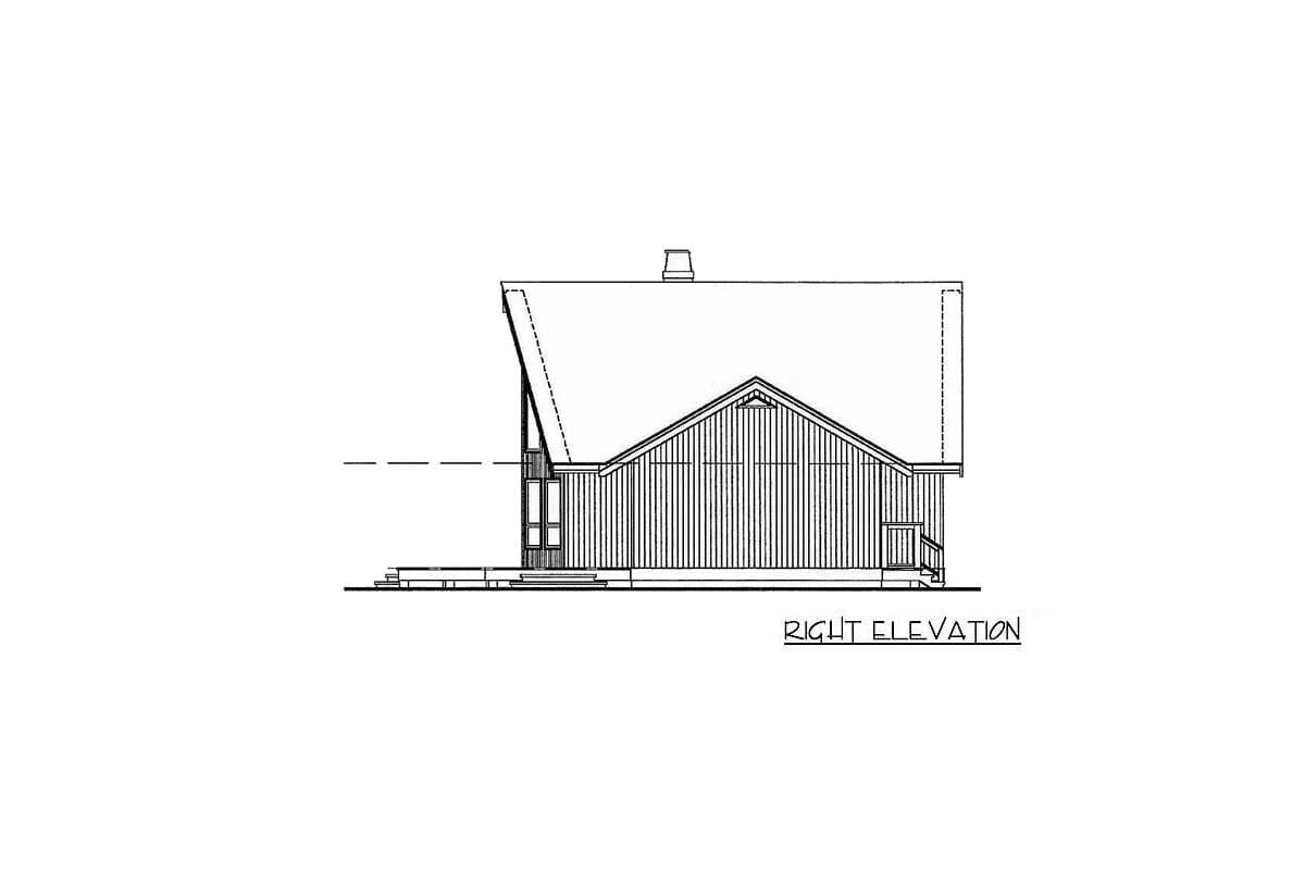Right elevation drawing of a house plan, showing a steeply pitched gable roof, dormer, chimney, and siding.