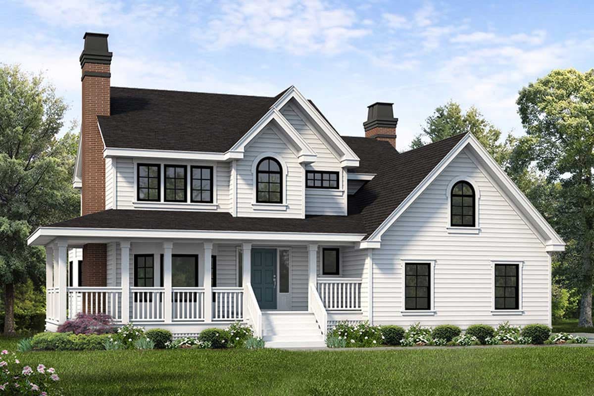 House plan exterior: Two-story Modern Farmhouse with wraparound porch, brick chimney, and arched dormer window.