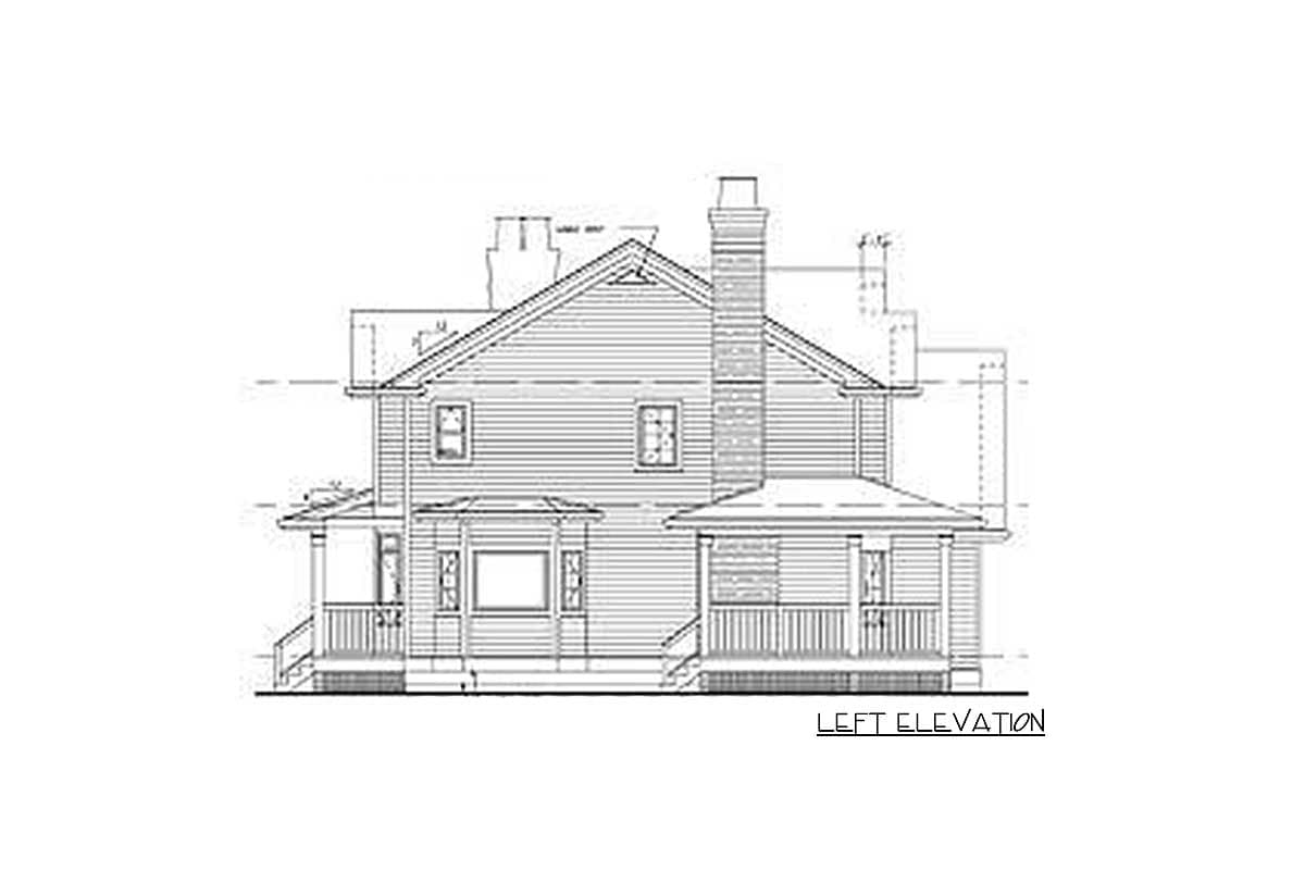 Left elevation of a two-story house plan with gabled roof, two porches, and a prominent chimney.