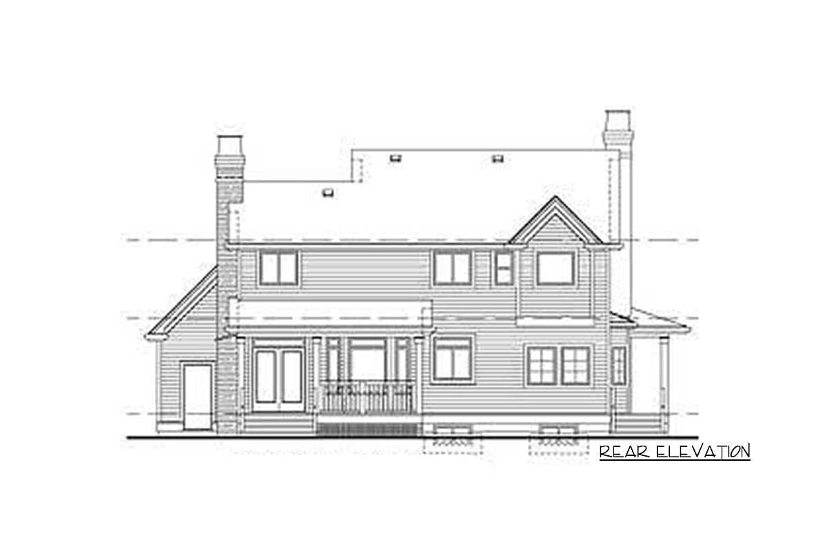 Rear elevation drawing of a two-story house with gables, double doors, porch, and two chimneys.