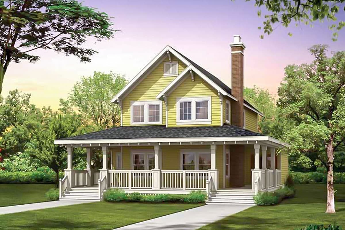 House plan exterior: two-story home with a wraparound porch, gables, and brick chimney.