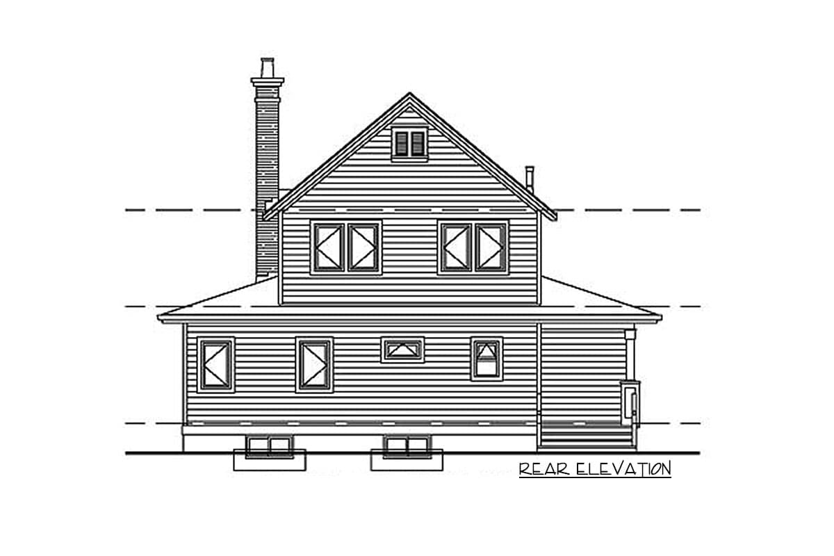Rear elevation drawing of a two-story house plan with a prominent chimney, gabled roof, and multiple windows.