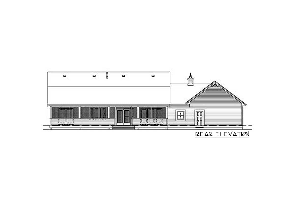 Rear elevation of a house plan featuring a long, covered porch, gable roof, and a two-door garage.