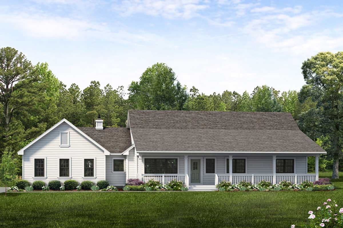 House plan exterior featuring a single-story white home with a gabled dormer, a covered front porch with white railings, and multiple windows.
