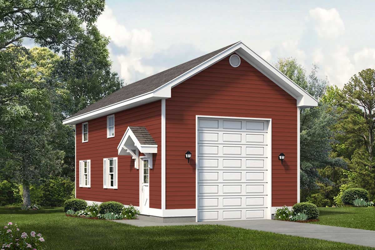 House plan exterior. Two-story structure with gable roof. Features include garage door, small entry porch, and white trim accents.