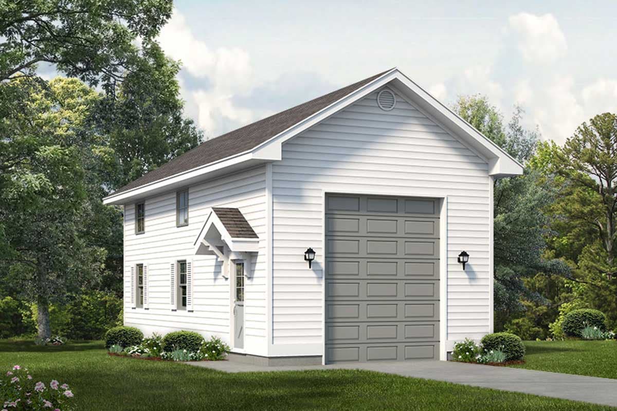 Two-story house plan exterior with a large garage door, side entrance with gable roof, and lap siding.