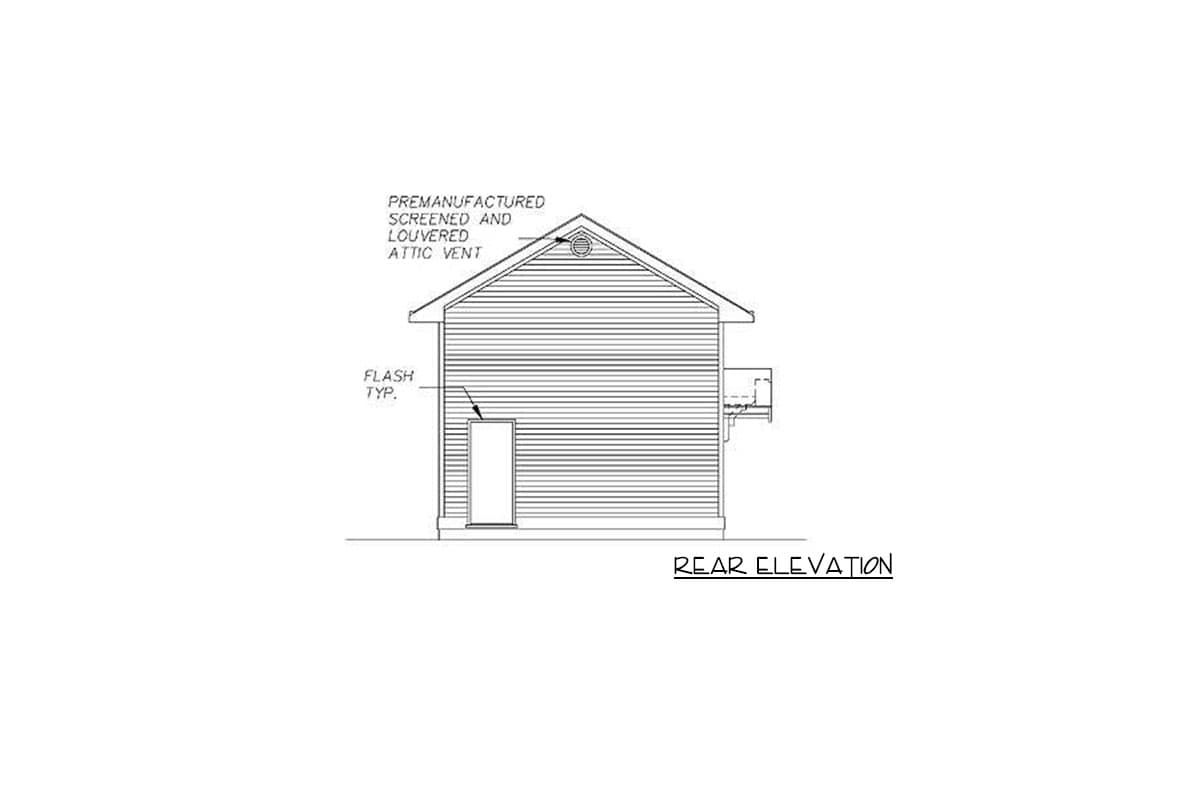 Rear elevation drawing of a house showing horizontal siding, a door, and a premanufactured screened and louvered attic vent.