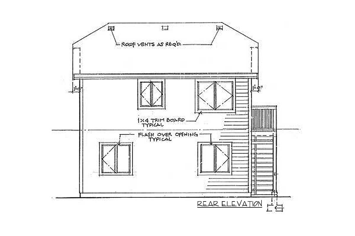 Rear elevation drawing of a two-story house with four windows, siding, and a deck with stairs.