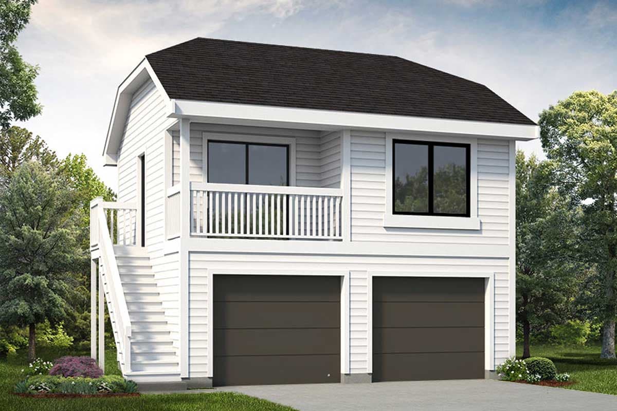 House plan exterior: Two-story structure with a balcony, side stairs, and a double garage.