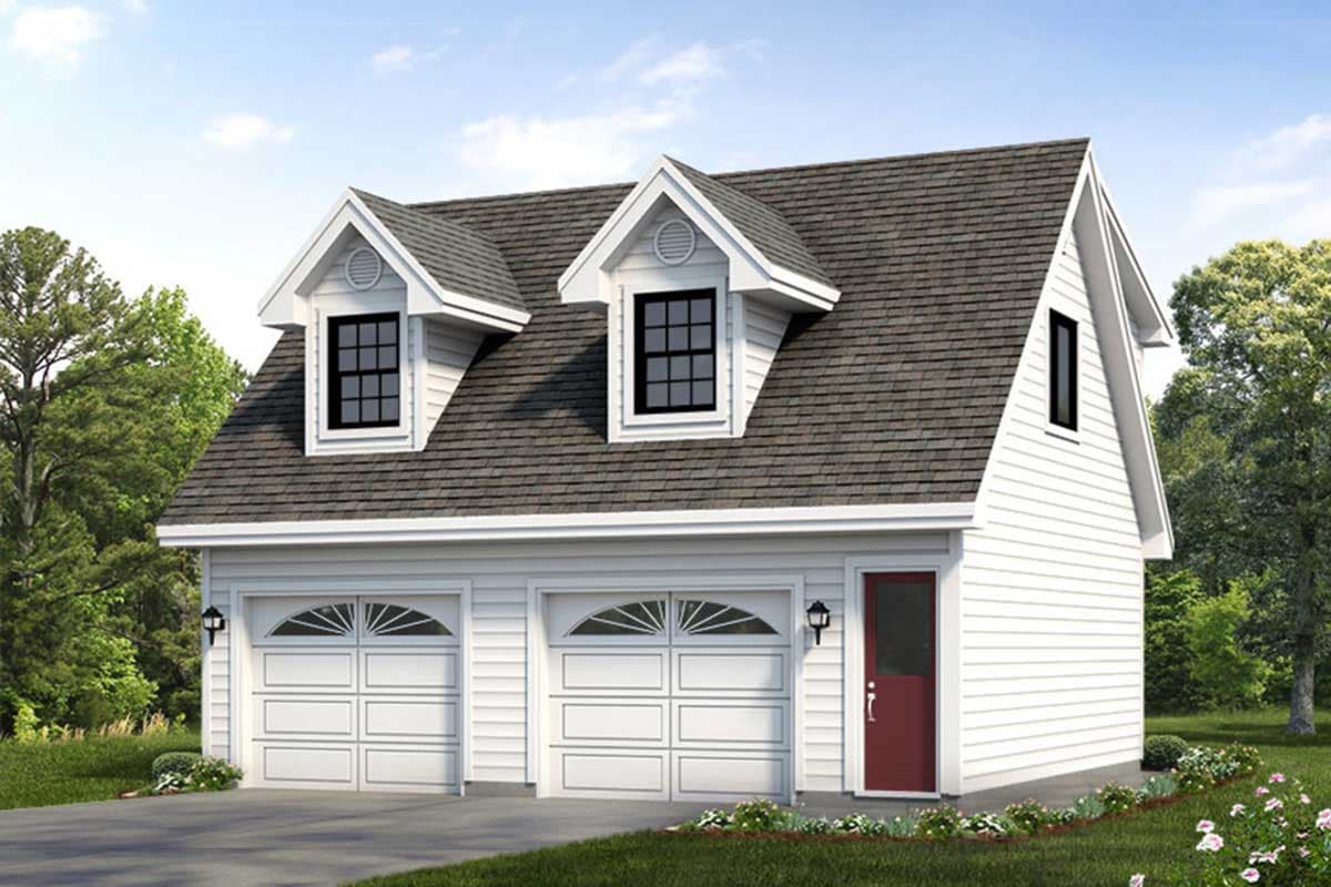 House plan exterior: Two-story structure with a gambrel roof, two garage doors, two dormers, and a side entry door.