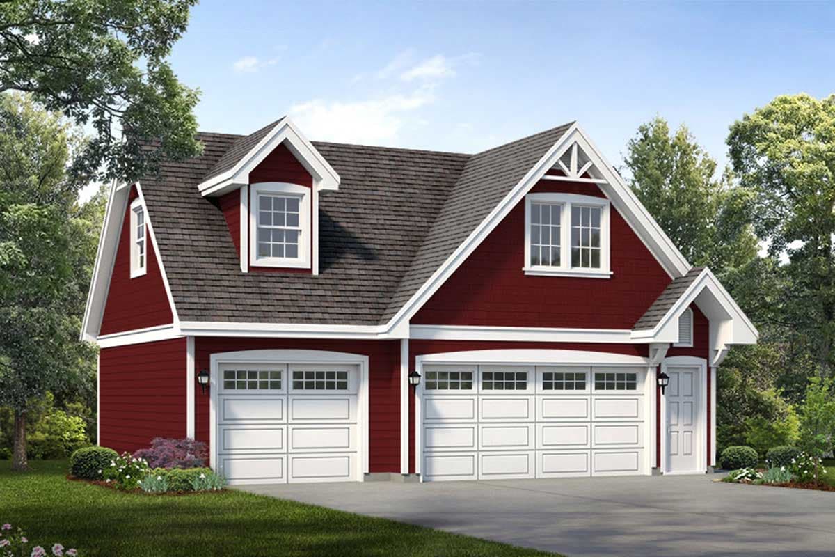House plan exterior with two garage doors, dormers, and gable details on a dark shingle roof.