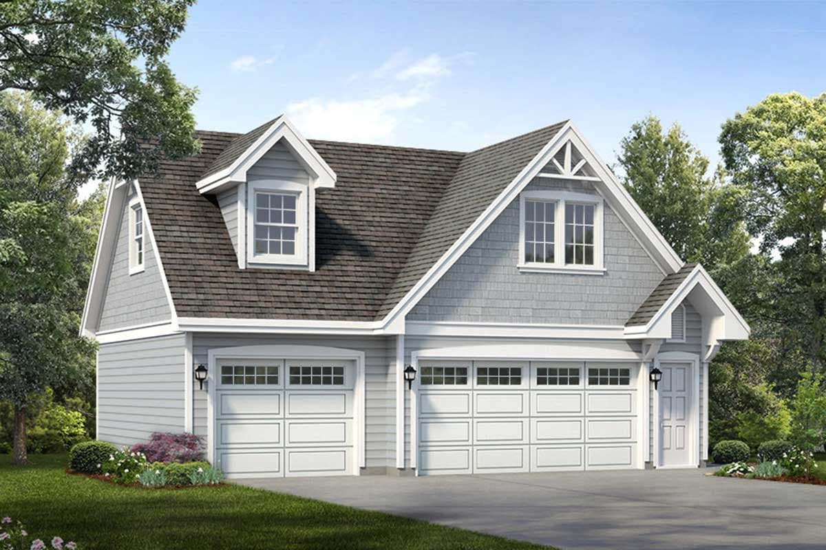 House plan exterior with two-car garage. Gable roof with dormers and decorative trim detail. Vertical siding above garage doors and on gables.