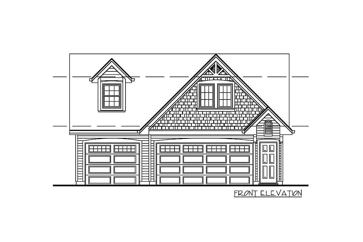 Front elevation house plan with a dormer window, two garage doors, and a covered entry.