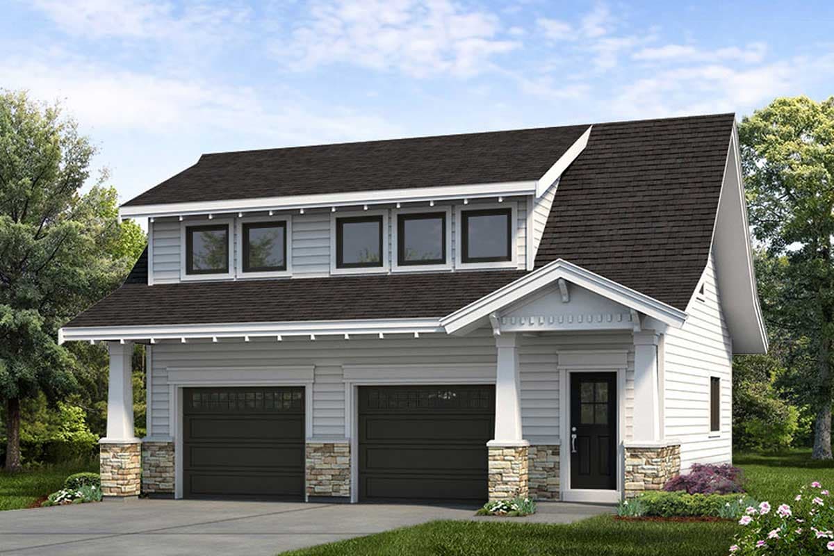 House plan exterior: Two-story Modern Farmhouse with a side-facing garage, dormer windows, and stone accents.