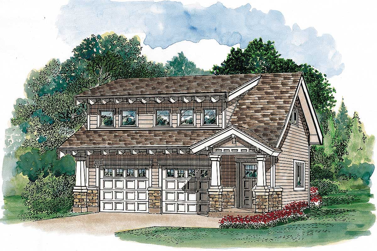 Craftsman style house plan exterior with a two-car garage, covered front porch with stone pillars, and multiple gables.