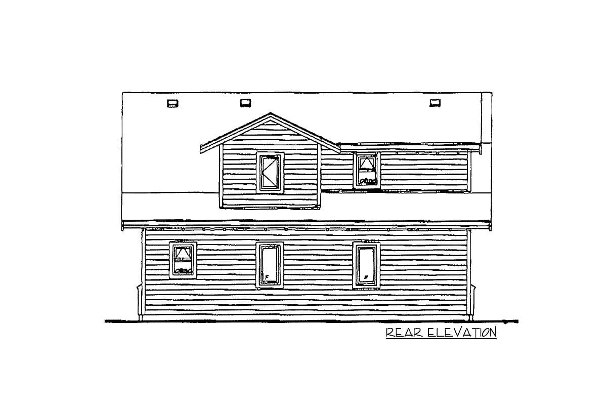 Rear elevation house plan drawing showing two stories, horizontal siding, and gabled dormer.