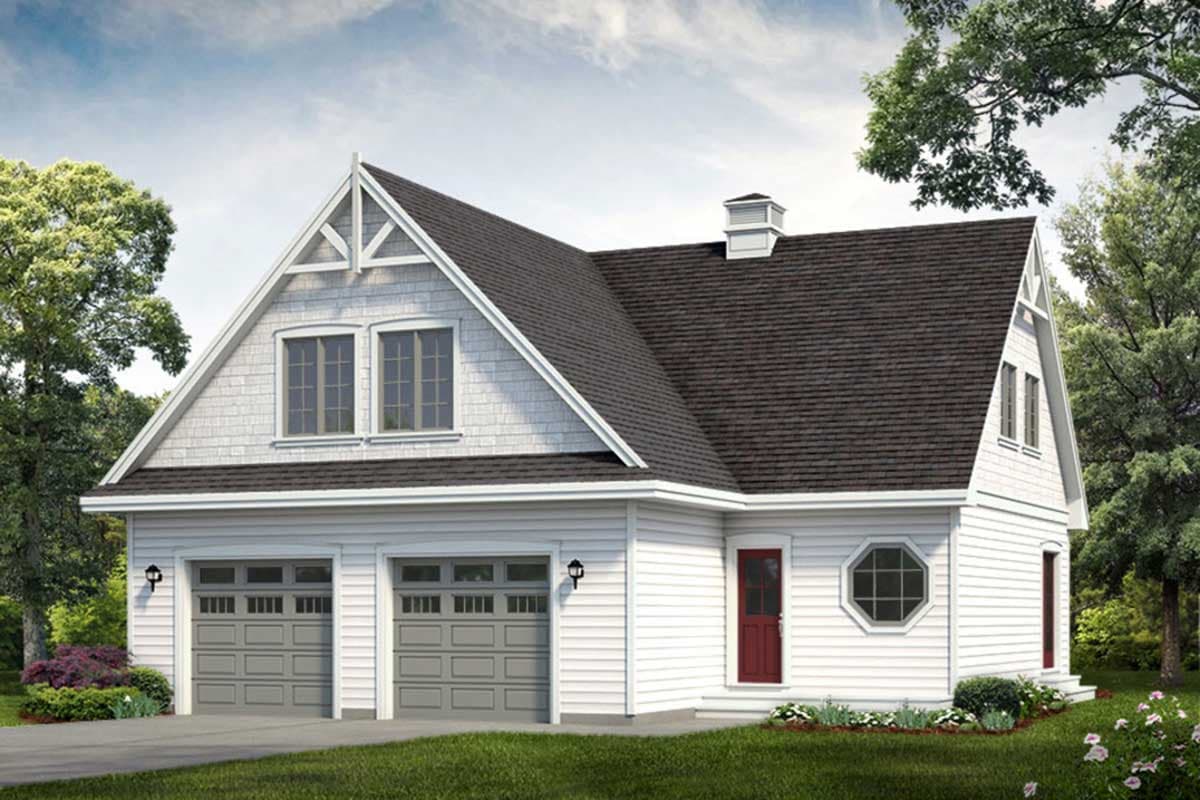 House plan exterior with a two-car garage, gable dormers, and decorative gable trim.