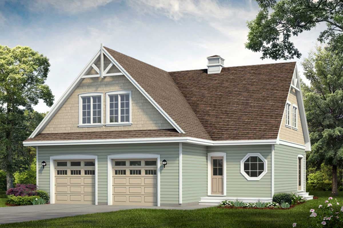 House plan exterior: Modern Farmhouse style, two-car garage, gabled dormers, and octagonal window.