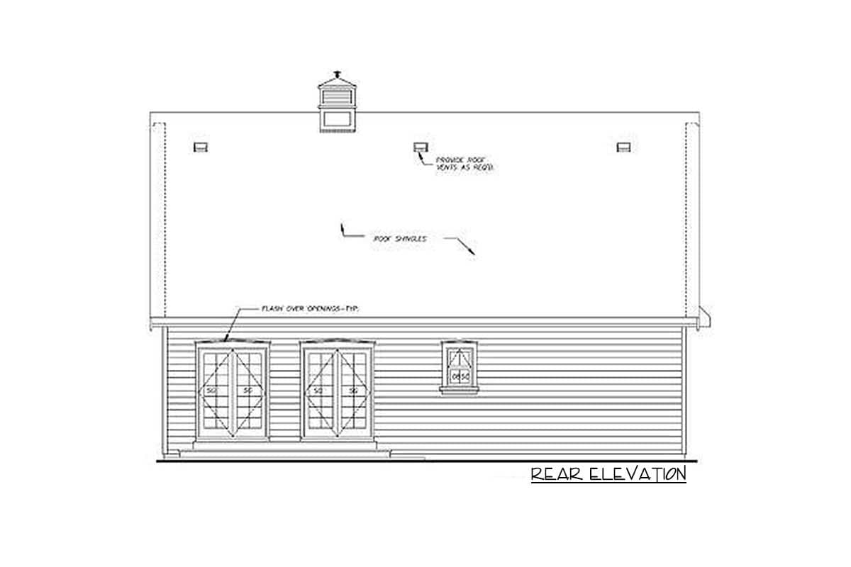 Rear elevation drawing showing double doors, a single window, and a cupola on the roof.