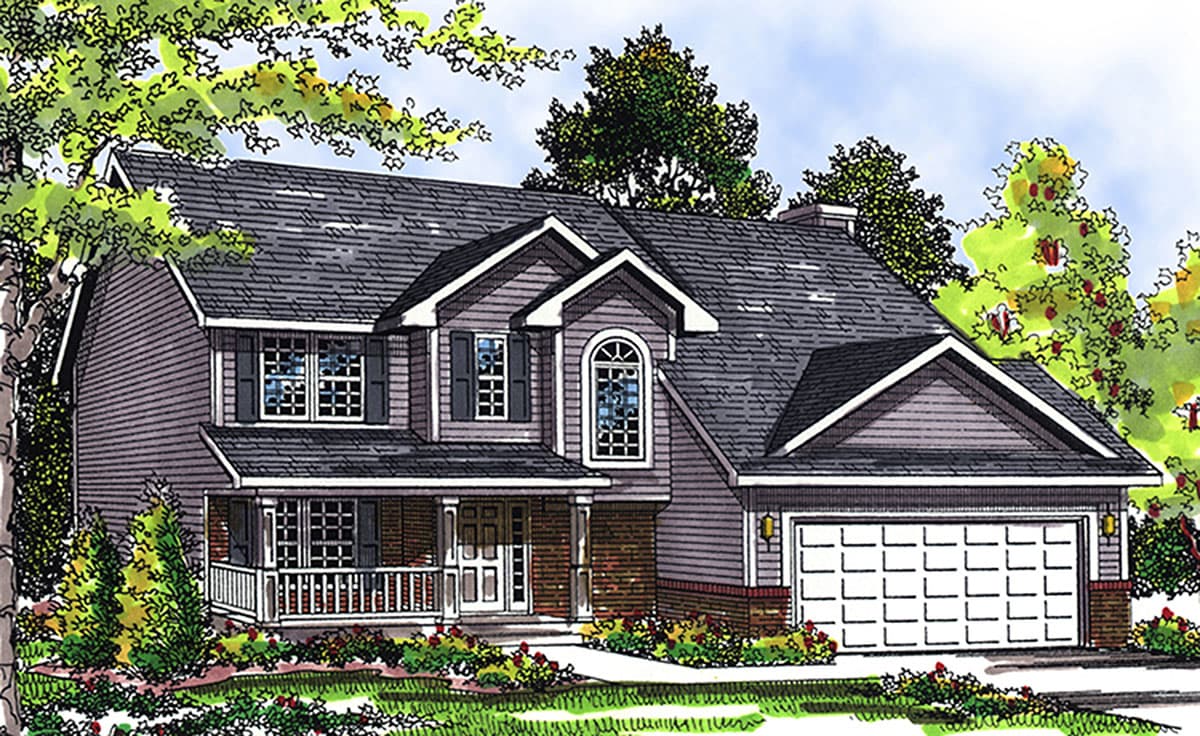 House plan exterior featuring a two-story home with a covered front porch, arched dormer, and attached two-car garage.