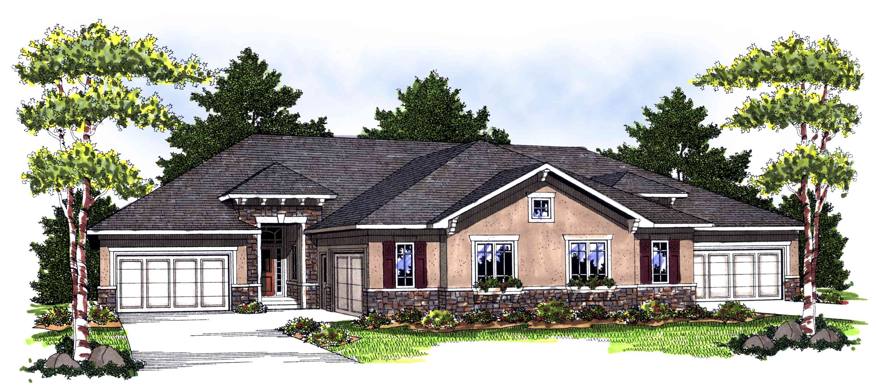 House plan exterior: Ranch style, single-story with a multi-gabled roof, stone accents, and a three-car garage.