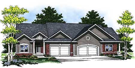 House plan exterior: Ranch style, one story, with a prominent front entry, gabled rooflines, and a three-car garage.