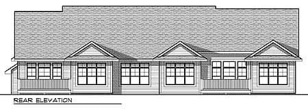 Rear elevation of a house plan showing a long porch with railings, multiple gables, and numerous windows.