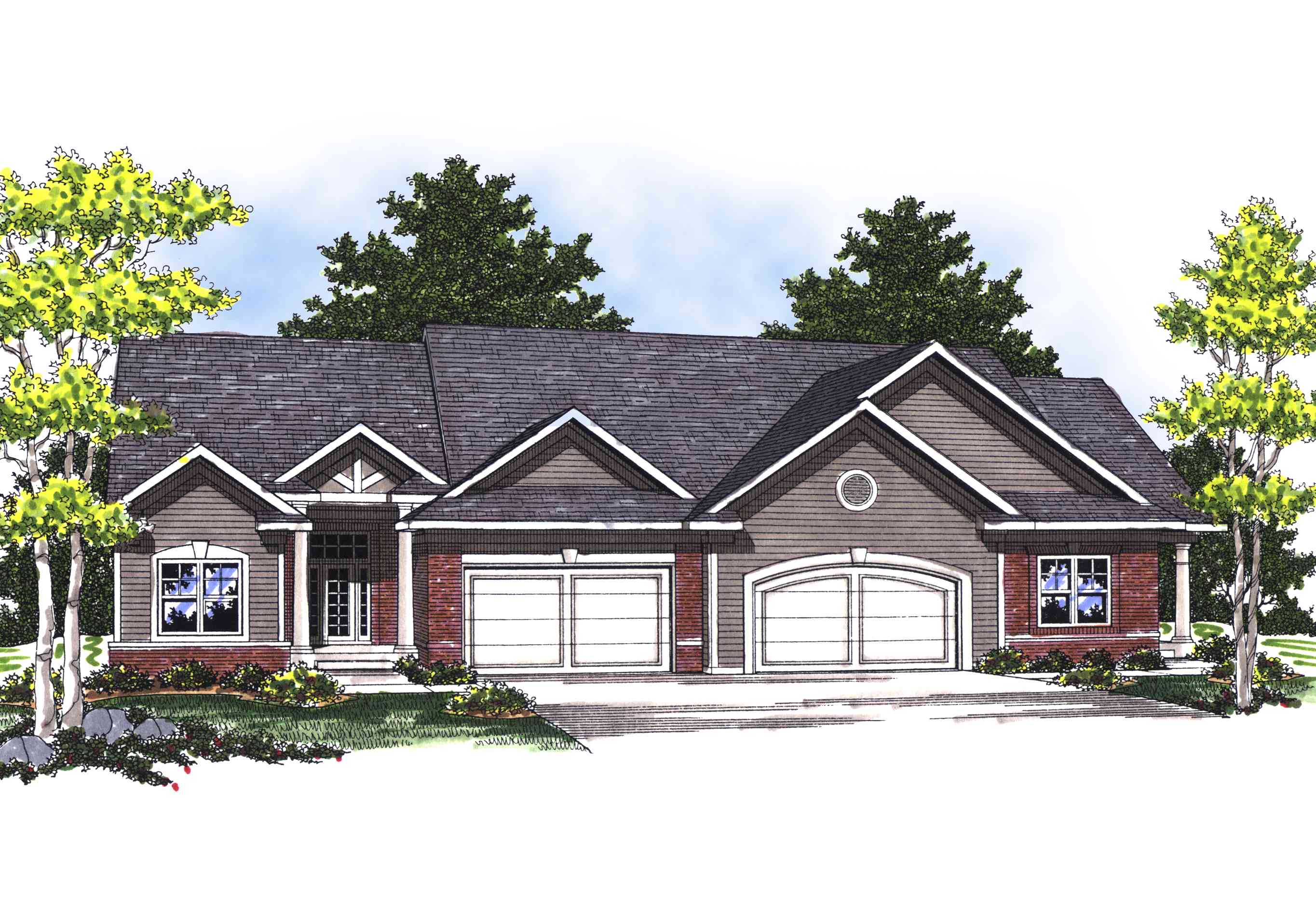 House plan exterior: One-story home with a brick base, multiple gables, arched and rectangular garage doors, and a covered entry.