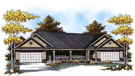 House plan exterior: Single-story duplex with symmetrical gables, a central covered porch, and two attached garages.
