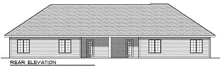 Rear elevation drawing of a one-story house plan with a hip roof, four windows, and two doors.