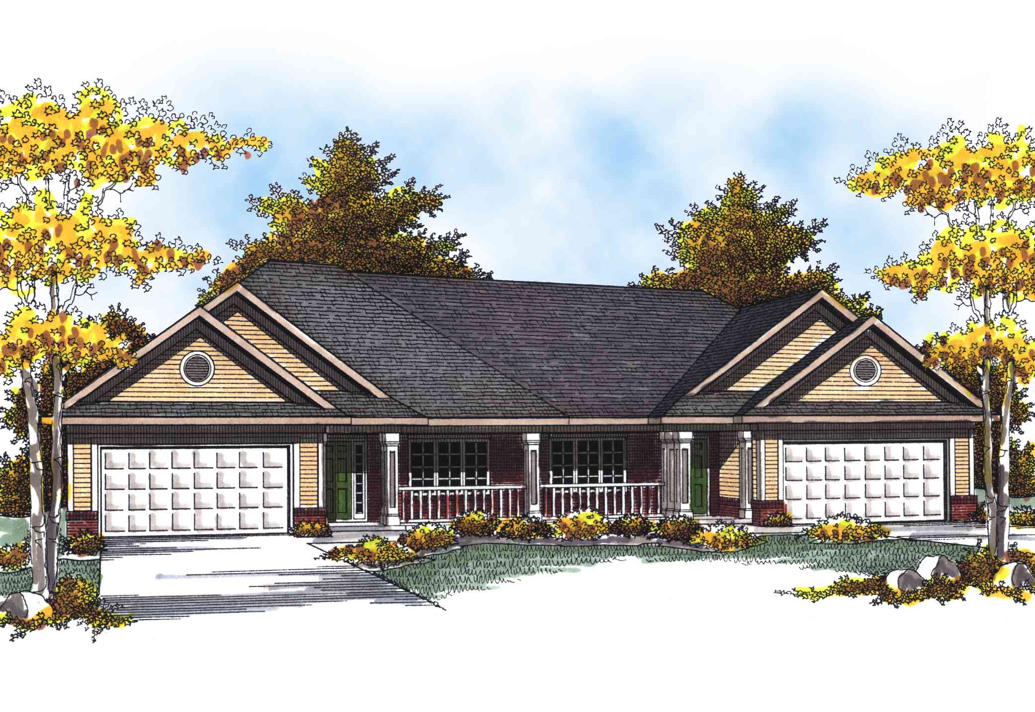 House plan exterior: one-story Ranch with dual garages, covered porch, and symmetrical gables.