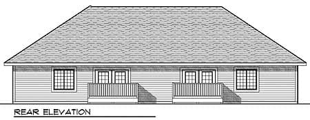 Rear elevation drawing of a single-story house with a hip roof, two sets of French doors with small porches, and two double-hung windows.