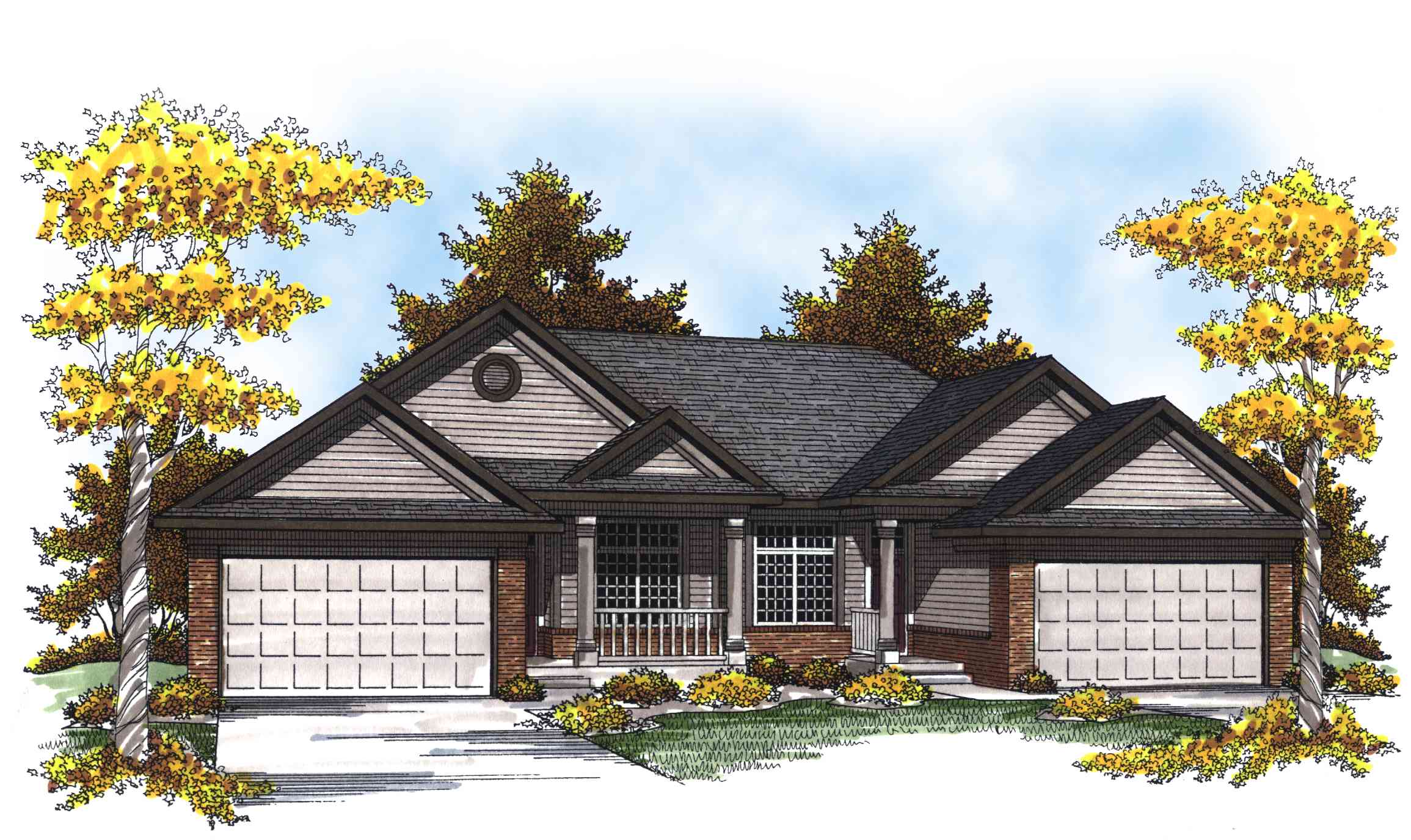 House plan exterior, single-story home with gable roof, two-car front-facing garage, and covered front porch with columns.