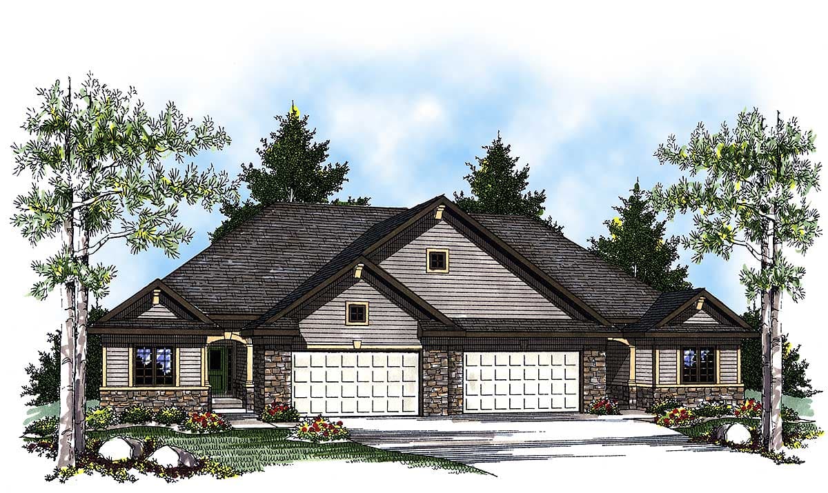 House plan exterior: one-story duplex with a stone foundation, prominent gables, and a three-car garage.