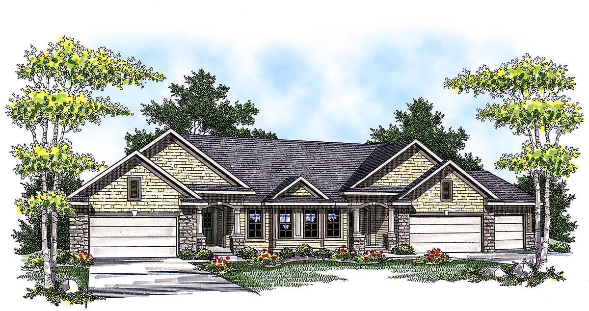 House plan exterior. Craftsman style, single-story home with gabled roof, two-car garage, and covered porch with columns.