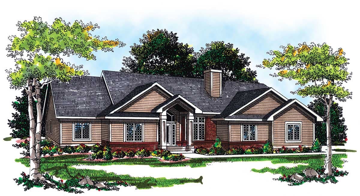 House plan exterior: single-story ranch with gabled dormers, brick accents, and a covered front entry with a transom window.