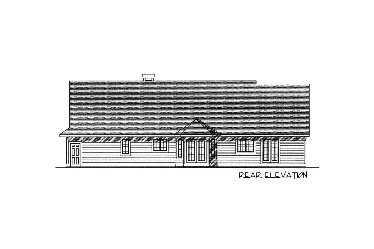 Rear elevation drawing of a house plan featuring a gable over a central double door entrance and garage.