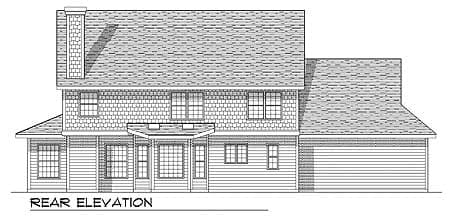 Rear elevation drawing of a two-story house plan with gabled roof, prominent chimney, and attached garage.