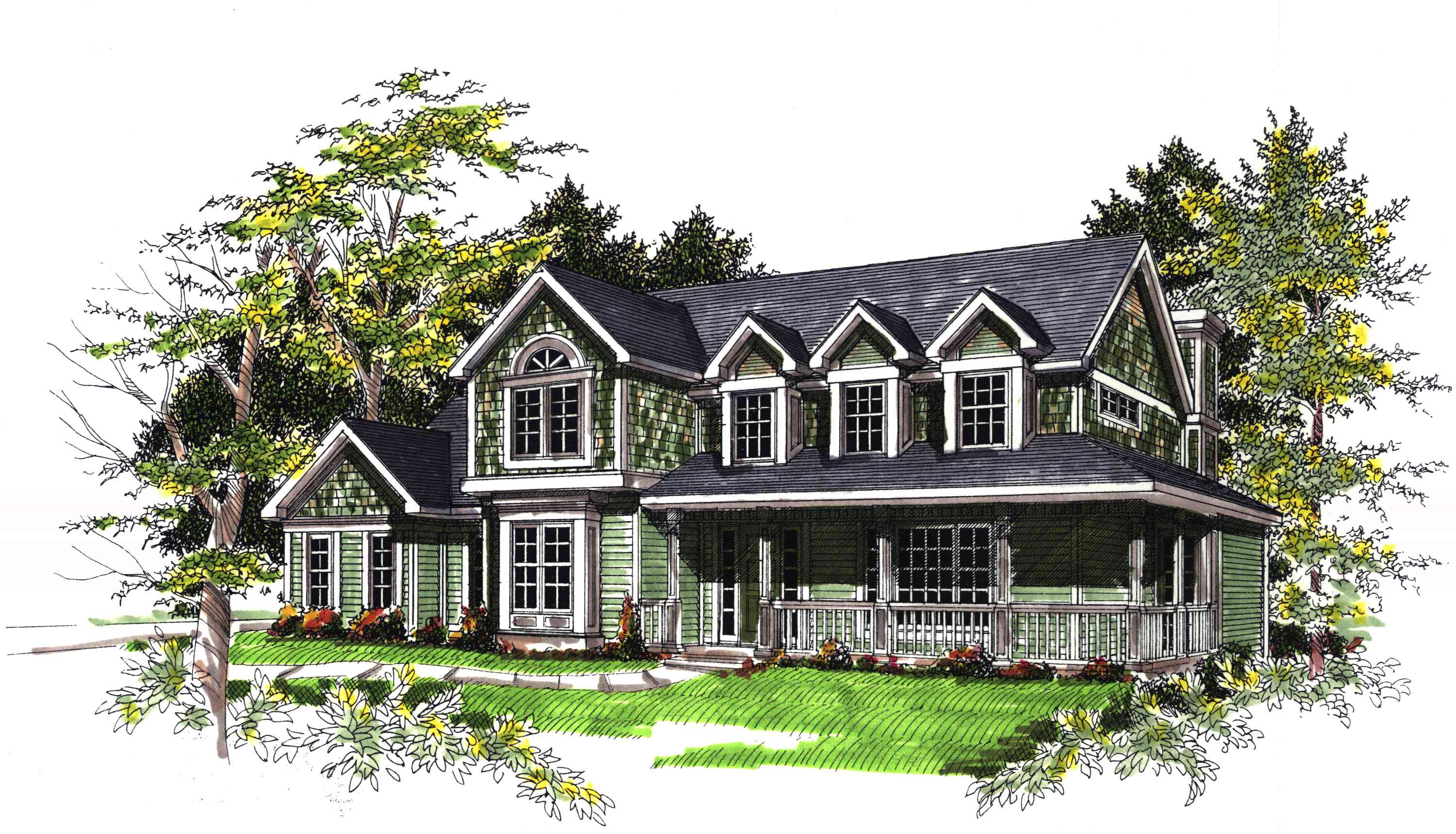 House plan exterior: Two-story home with wrap-around porch, multiple gables, and dormer windows.
