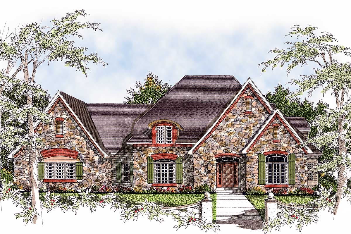 House plan exterior: Stone and brick facade, multiple gables, dormer window, arched entryway, and prominent rooflines.